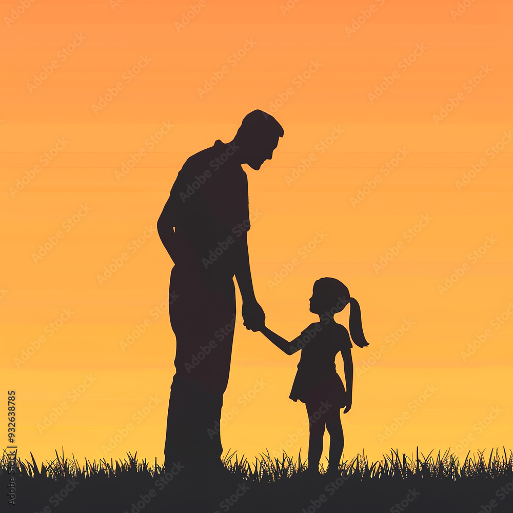 Silhouette of a father and daughter holding hands at sunset