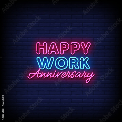 happy work anniversary neon sign vector with brick wall background 