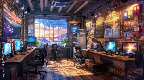 The gaming area features multiple computer stations adorned with anime artwork and a vibrant sunset illuminating the space