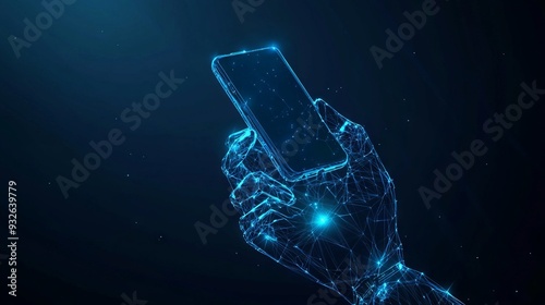 Abstract polygonal 3d image of robotics and hand holding phone in dark blue. Innovative UX or UI development mobile app or website concept. User experience, user interface vector mesh looks like starr photo