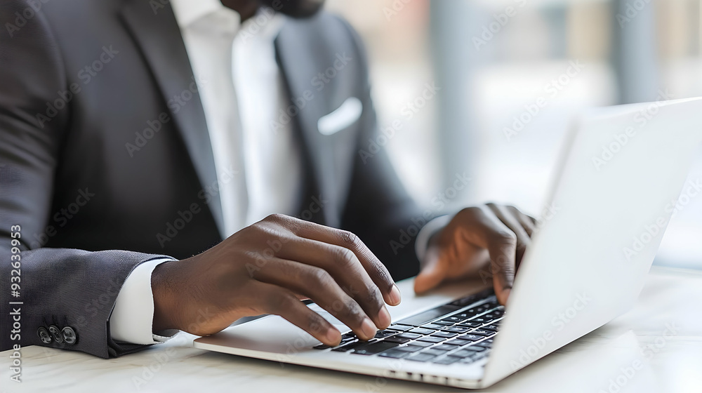 A person in a suit typing on a laptop in a modern workspace. A person in a suit typing on a laptop in a modern workspace.