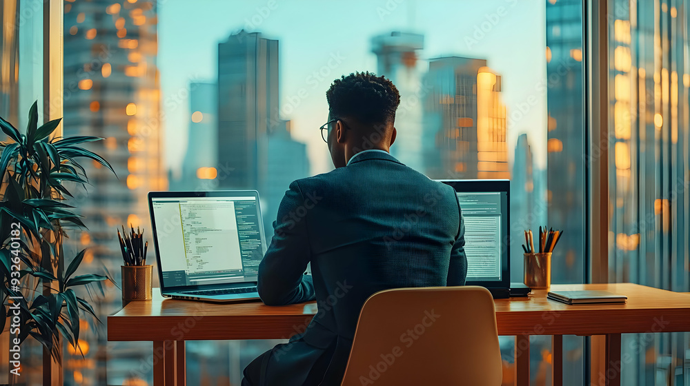 A person working at a desk with city skyline view.