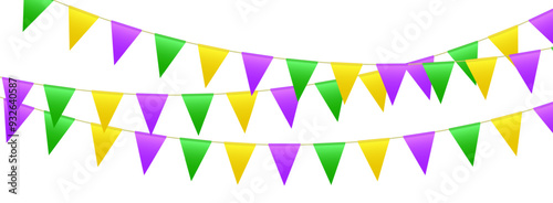 Bunting flags, carnival party flags, Mardi Gras festive pennants hanging on a rope. Festival vector decoration.