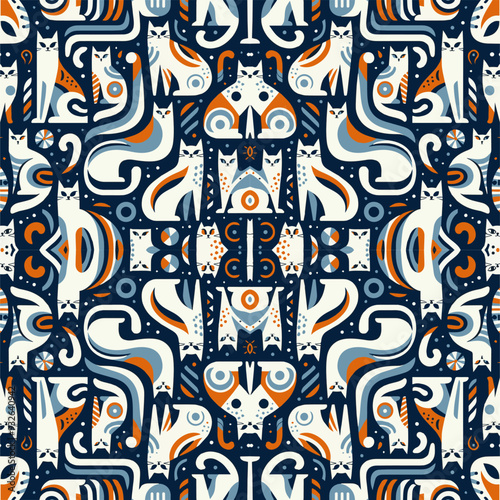 Retro style cat illustration in a symmetrical layout, ideal for fashion prints.