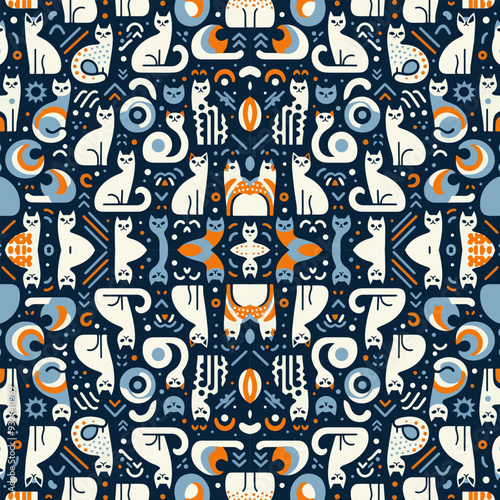 Abstract cat pattern with swirls and flowers, perfect for creative projects.