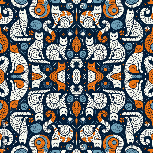 Whimsical cat pattern with geometric and floral elements. Stylized felines in orange, white, and blue. Symmetrical design with retro folk art influence