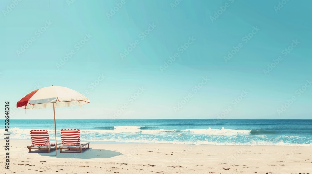 Fototapeta premium Beach Relaxation with Sun Umbrella and Loungers