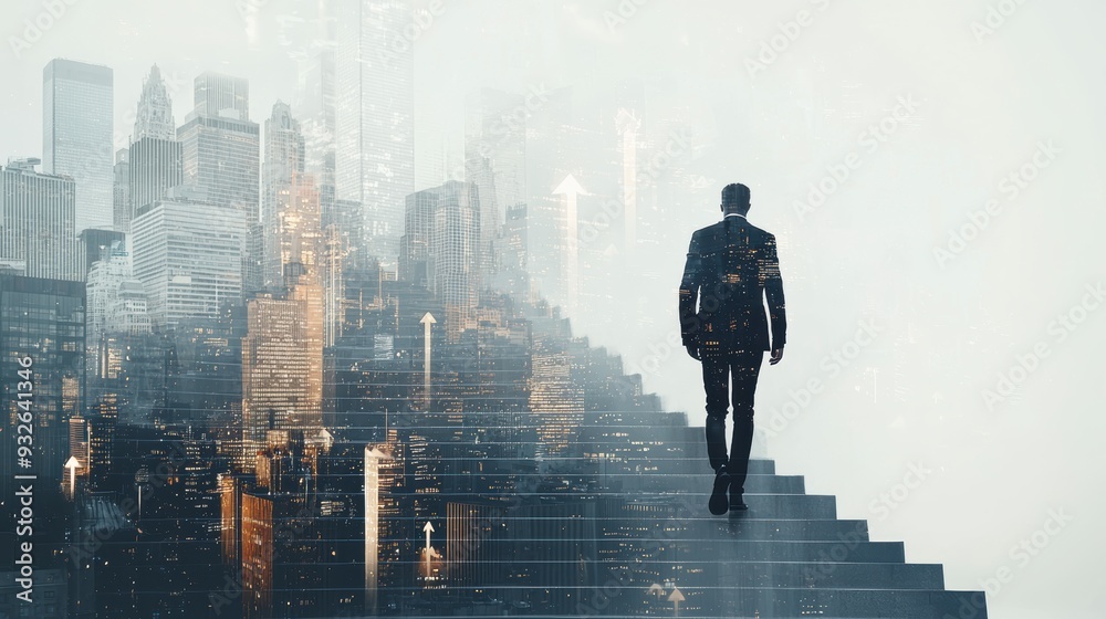 A businessman climbs a ladder against the backdrop of the city, symbolizing business growth A businessman climbs a ladder against the backdrop of the city, symbolizing business growth