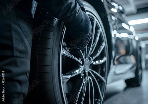 Close-up of an auto mechanic in black uniform and gloves changing the tire on car wheel with copy space.