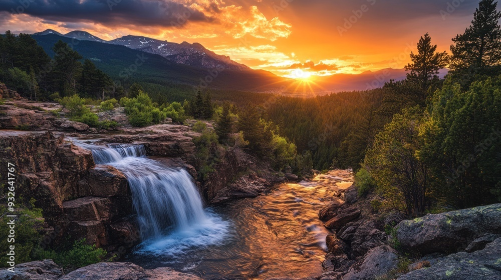 Sunset Over Waterfall in the Rocky Mountains Sunset Over Waterfall in the Rocky Mountains