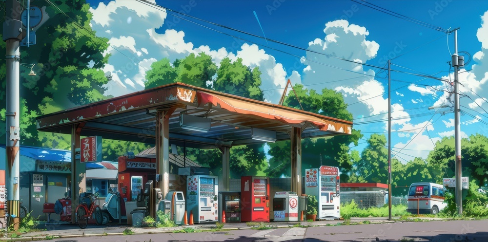 The gas station stands peacefully under a vibrant sky, surrounded by trees, inviting travelers in a cheerful atmosphere The gas station stands peacefully under a vibrant sky, surrounded by trees, inviting travelers in a cheerful atmosphere