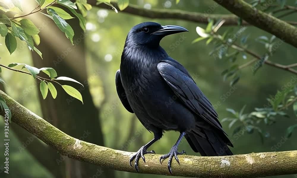 A black raven perched on a branch surrounded by green foliage in a serene environment. A black raven perched on a branch surrounded by green foliage in a serene environment.
