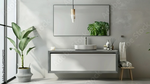 Sleek Bathroom Vanity with Sink and Mirror on Light Background - Minimalistic Interior Design in 3D
