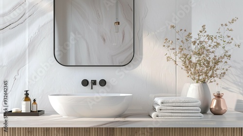 Sleek Bathroom Vanity with Sink and Mirror on Light Background - Minimalistic Interior Design in 3D