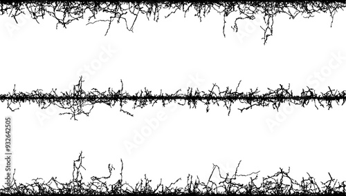 grass silhouettes set, barbed wire fence, barbed wire frame, barbed wire seamless pattern, barbed wire fabric frame, a series of black and white lines with branches, barbed wire seamless pattern,