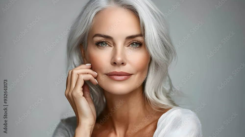 A portrait of an elegant woman with silver hair and a serene expression. A portrait of an elegant woman with silver hair and a serene expression.