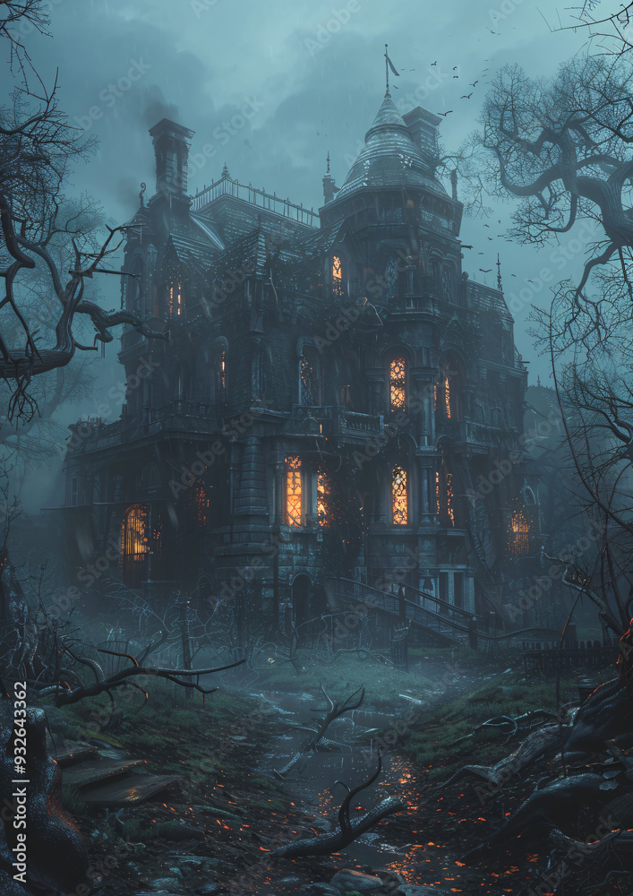 Obraz premium Spooky Halloween Night with Glowing Jack-O'-Lanterns, Haunted House, and Full Moon - Perfect for Halloween Party Invitations, Decorations, and October Festivities