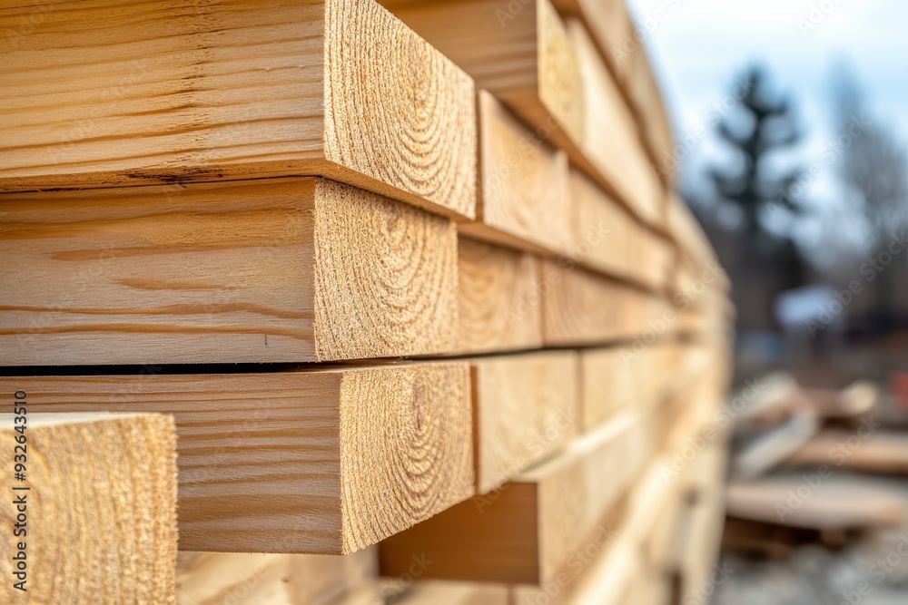 New wooden studs at lumber yard Timber at construction site to dry Sawed coniferous wood background New wooden studs at lumber yard Timber at construction site to dry Sawed coniferous wood background