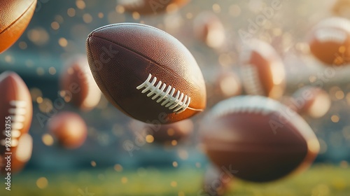 A close up of an American football floating in the air with several other footballs in the background out of focus.