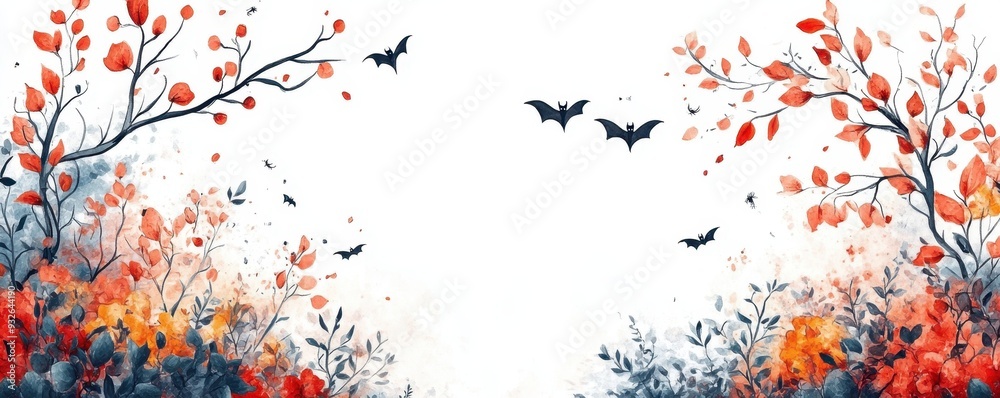 Crayon-drawn creepy vine and flower mix with hidden spiders and bats, flat lay, vector crayon style, web banner copy space on right side, isolated on white background Crayon-drawn creepy vine and flower mix with hidden spiders and bats, flat lay, vector crayon style, web banner copy space on right side, isolated on white background