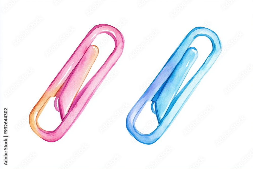 Two colorful paper clips in pink and blue, showcasing playful and creative design. Two colorful paper clips in pink and blue, showcasing playful and creative design.