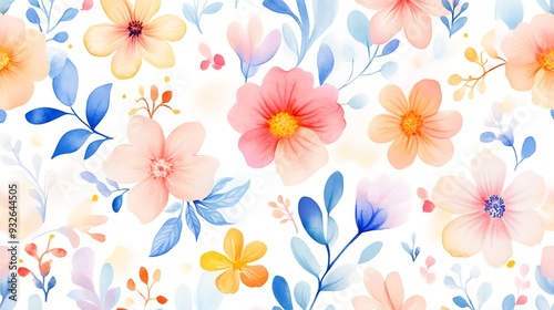 Seamless pattern with watercolor flowers in pink, yellow and blue colors.