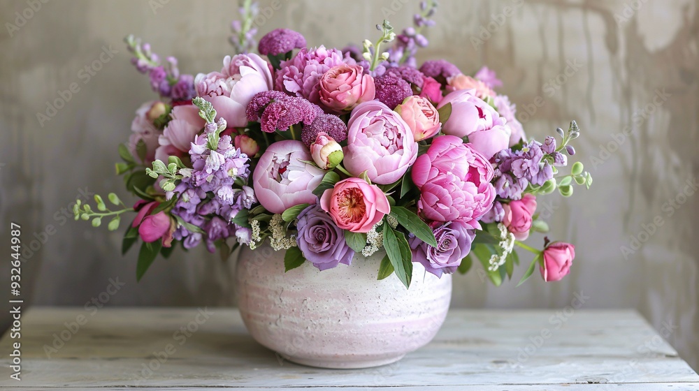 Obraz premium 1. A stunning spring bouquet in shades of pink and purple, elegantly arranged in a round ceramic vase, featuring a harmonious mix of peonies and roses, perfect for gifting on Mother's Day,