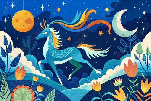 unicorn and moon, fantasy, fairy tale and magic. vector illustration