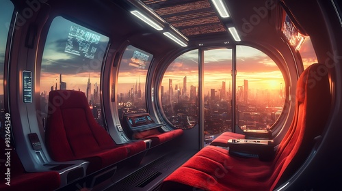 Fototapeta Naklejka Na Ścianę i Meble -  Interior of a futuristic vehicle with panoramic views of a city skyline at sunset.