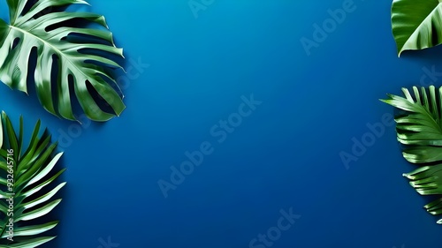 tropical background, collection of tropical leaves plant in blue color space background