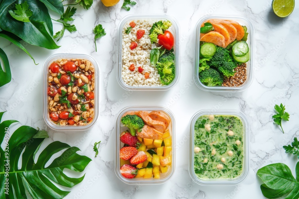 Organic meal delivery service with daily lunchbox and smoothie on white background Organic meal delivery service with daily lunchbox and smoothie on white background