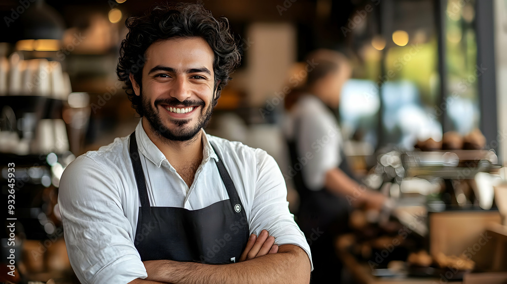 Fototapeta premium A smiling barista in a café, showcasing warm hospitality.