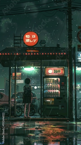 A young girl stands by an anime gas station illuminated by neon lights, waiting under the rain at night photo