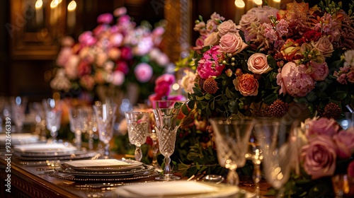 3. A lavishly set table adorned with stunning floral arrangements, ready for an event party or wedding reception, featuring high-end tableware, gleaming glasses, and meticulously arranged dishes, the