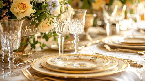 2. An exquisitely decorated table with beautiful flowers, set for a luxury event party or wedding reception, complete with elegant dishes, sparkling glasses, and intricate table settings, the