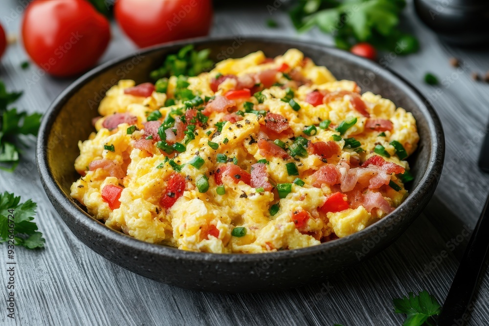Scrambled eggs bacon veggies on table Scrambled eggs bacon veggies on table