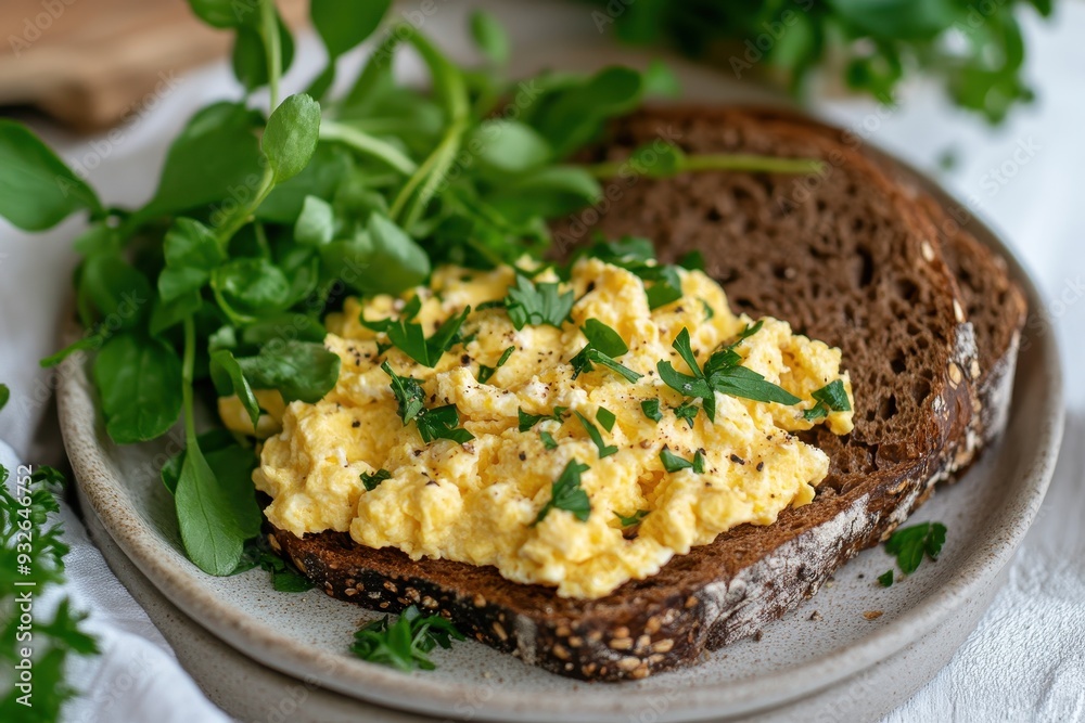 Scrambled eggs with herbs on homemade crispy bread Scrambled eggs with herbs on homemade crispy bread