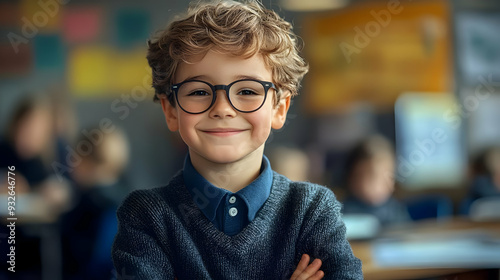 A smiling boy with glasses ...