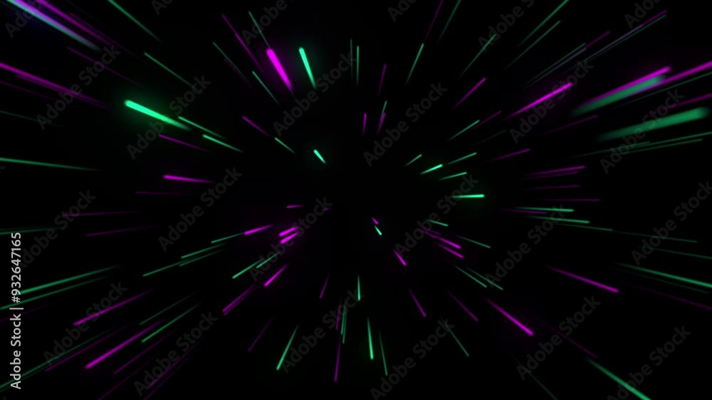 Neon line zoom meteor space soft motion. Infinite futuristic animated background with vibrant and wonder lights. Metaverse concept.
