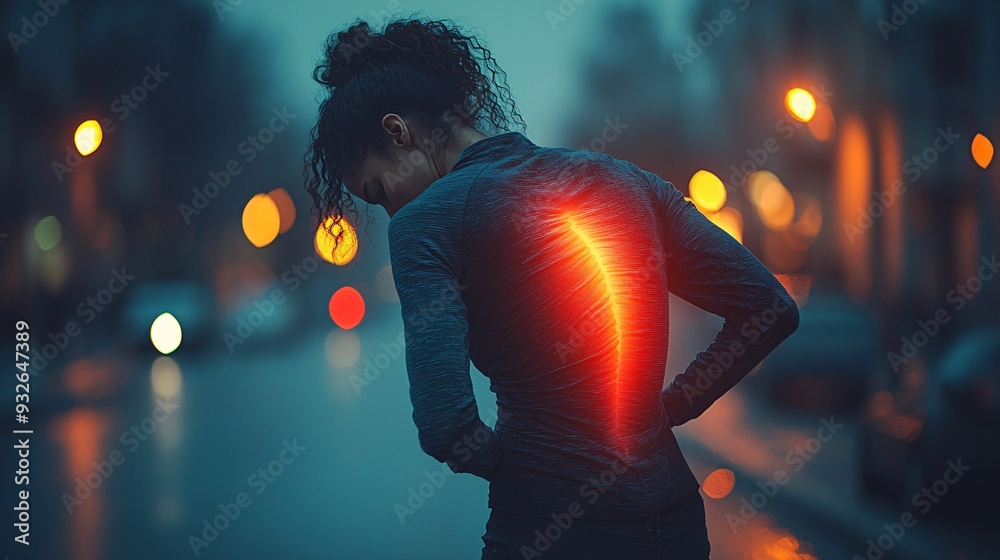 A person bent over, holding their back in pain, with a glowing red area indicating the source of discomfort. A person bent over, holding their back in pain, with a glowing red area indicating the source of discomfort.