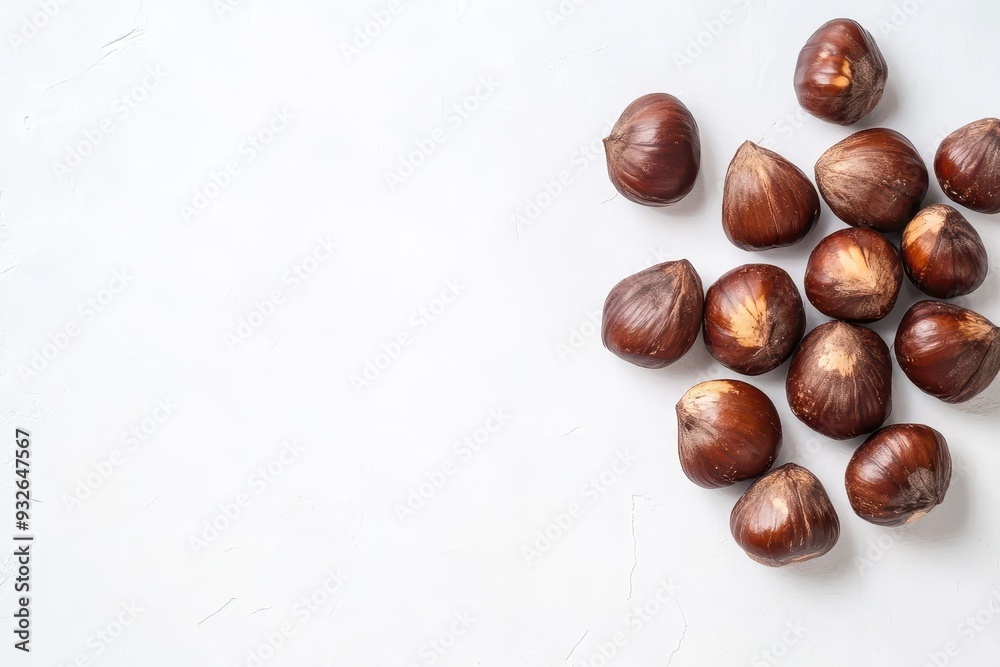Obraz premium Shelled chestnuts on white background with space for text