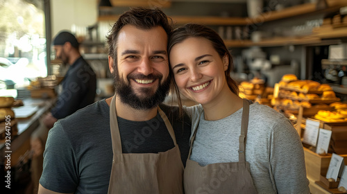 A smiling couple in aprons ...