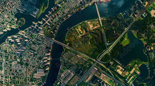 Bird's Eye View of Expanding Urban City with Green Spaces and Water Bodies Highlighted by Satellite Imaging photo