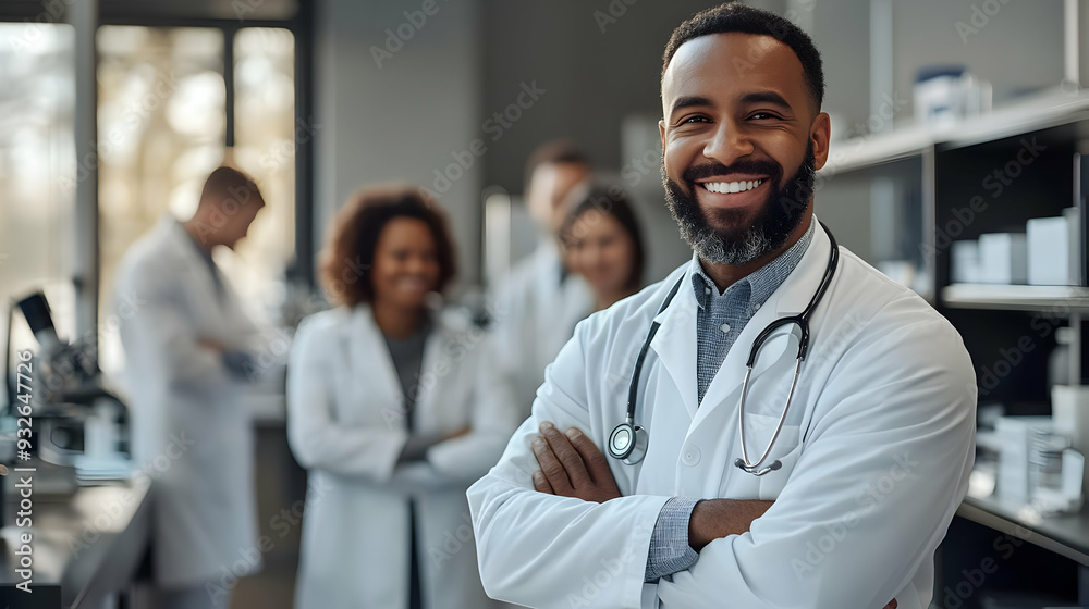 A smiling doctor in a laboratory setting with colleagues. A smiling doctor in a laboratory setting with colleagues.