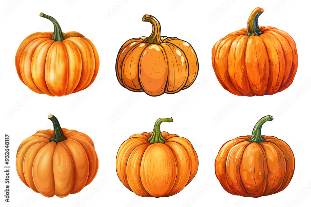 Set of of six pumpkins illustrations isolated on transparent background Set of of six pumpkins illustrations isolated on transparent background