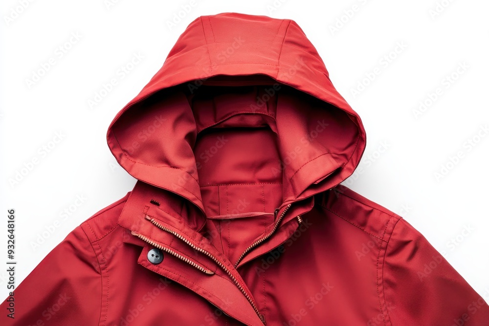 Single red hooded women s coat dry on white background top view Single red hooded women s coat dry on white background top view