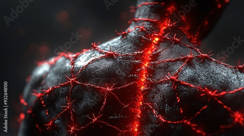 A stylized image of a person s lower back with red barbed wire wrapped around it, symbolizing sharp, restrictive pain. photo