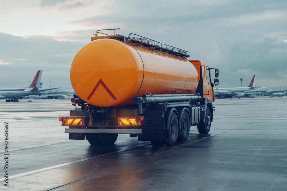 Small modern fuel tanker truck refueling aircraft with gasoline on ...