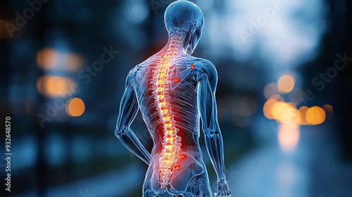 A stylized figure holding their back, with red arrows pointing to the lumbar region to signify pain.