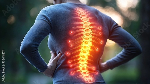 A stylized figure holding their back, with red arrows pointing to the lumbar region to signify pain. photo